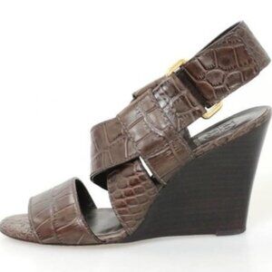 Tory Burch Croc Embossed Wide Strappy Slingback Wedges Sandals Brown Size 9M EUC